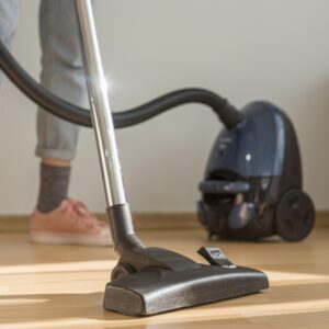 Woman Cleaning Room With Vacuum Cleaner