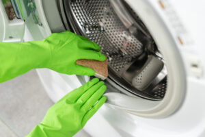 Gloved Hands Clean Washing Machine With Open Door