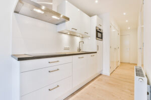 Interior Spacious Kitchen With White Cupboards Shiny Appliances New Apartment