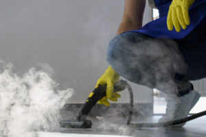 Professional Cleaning Service Person Using Steam Cleaner Office