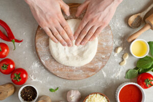 Process Making Margarita Pizza Male Hands Top View Tomato Paste With Cheese 1