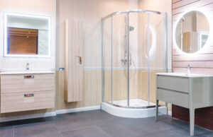 Bathroom Interior With White Walls Shower Cabin With Glass Wall Toilet Sink